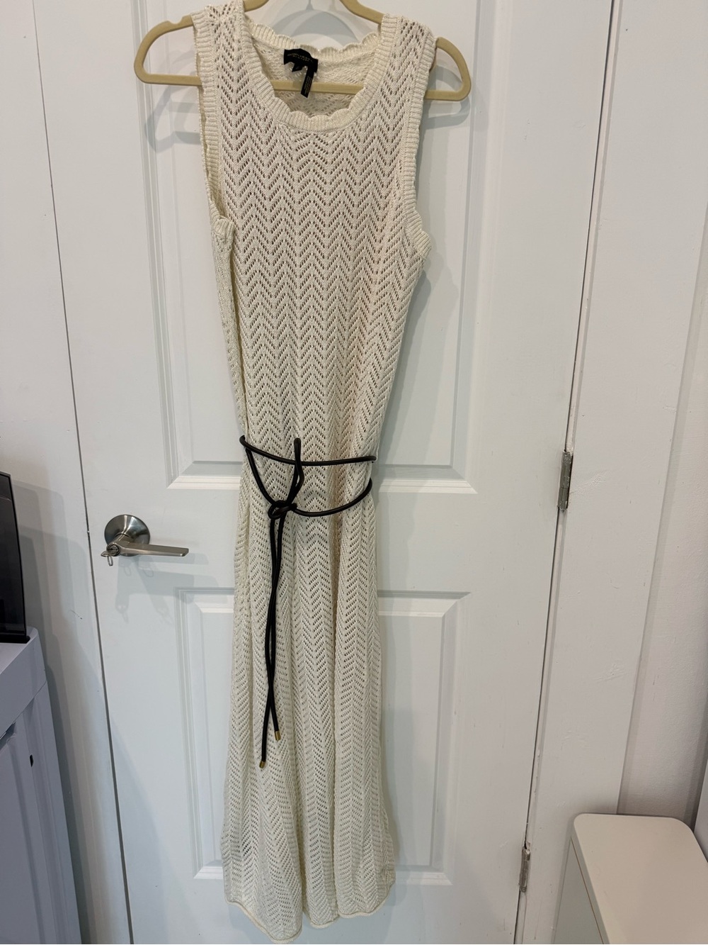 Donna Karan Cream Sleeveless Knit Maxi Dress with Black Belt
